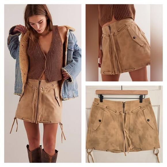 Free People x We the Free Sierra Boho Mini Faux Suede Mini Skirt Size 12 NWOT - Picture 1 of 5